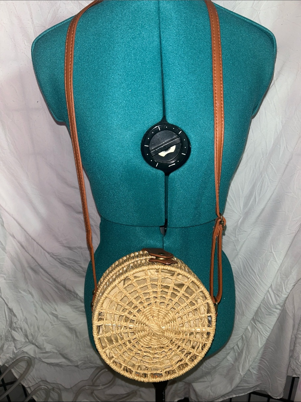 Woven Round Straw Crossbody Bag with Brown Leather Strap